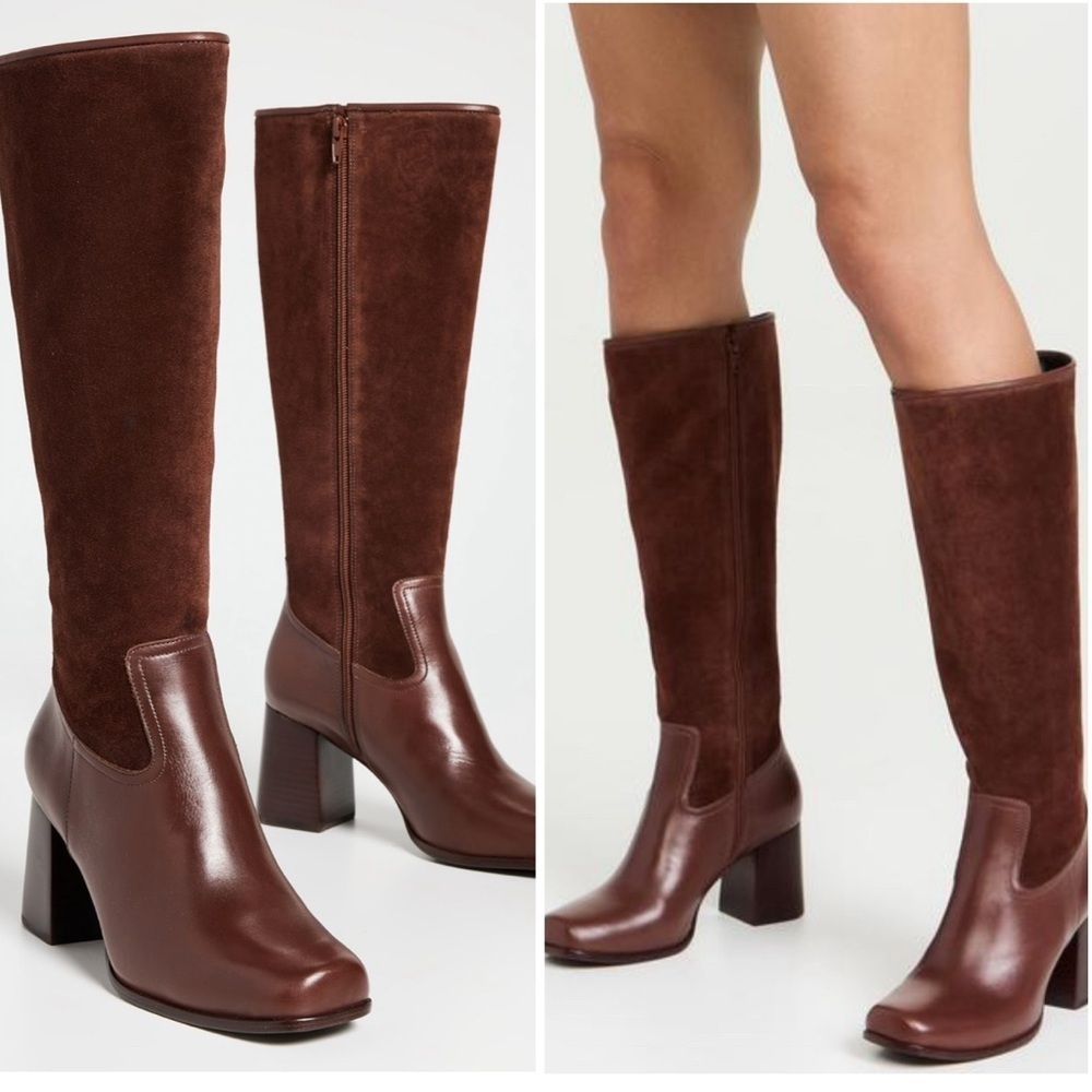NEW Reformation Frederique Knee High Boot Heeled Leather Oak Suede